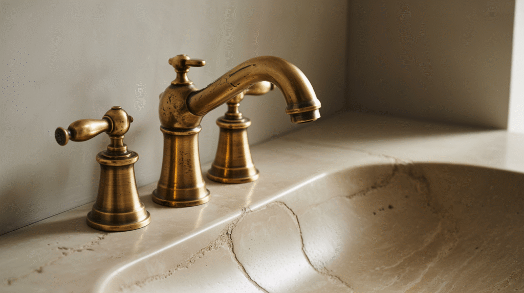 Aged Brass Fixtures Paired with Stone Sinks