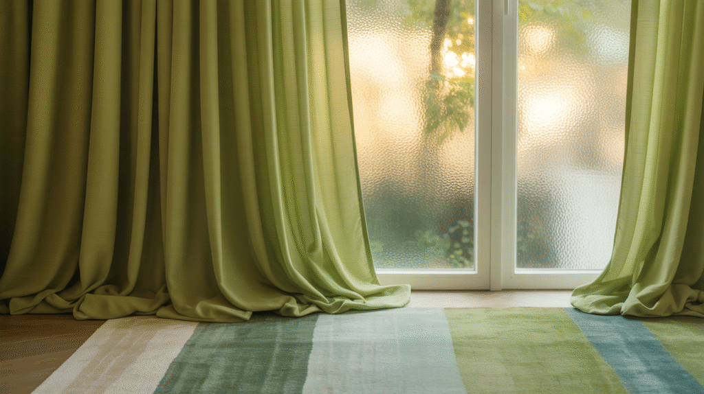 Pistachio-Toned Bathroom Using Curtains and Rugs for Coordinated Style