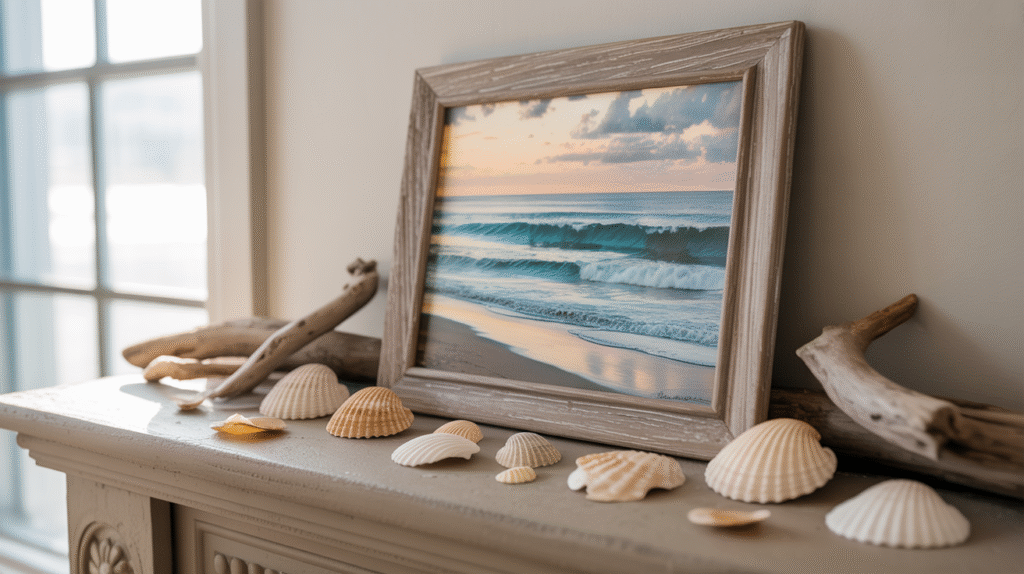 Art and Driftwood Enhance Coastal Elegance with Texture