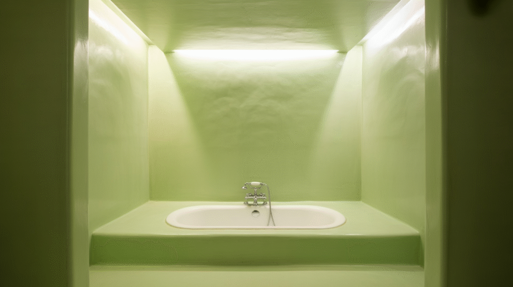 Pale-Green Ceiling and Walls Creating a Seamless Spa-Like Retreat