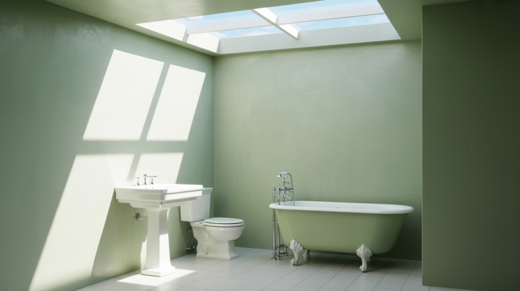 Soft Sage Walls Beneath a Skylight for Bright, Airy Natural Light