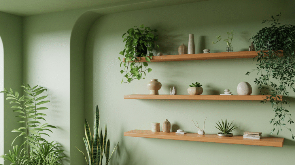 Eucalyptus-Green Zen Bathroom with Wood Shelves and Potted Plants