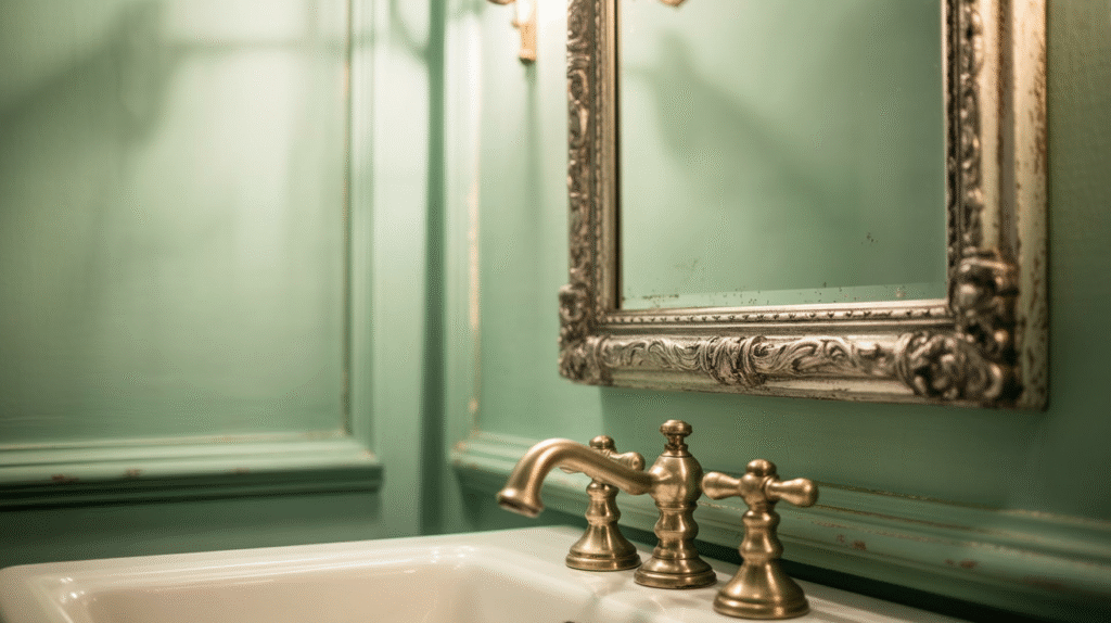 Antique Mirror over Pastel-Green Walls with Brass Fixtures for Vintage Elegance