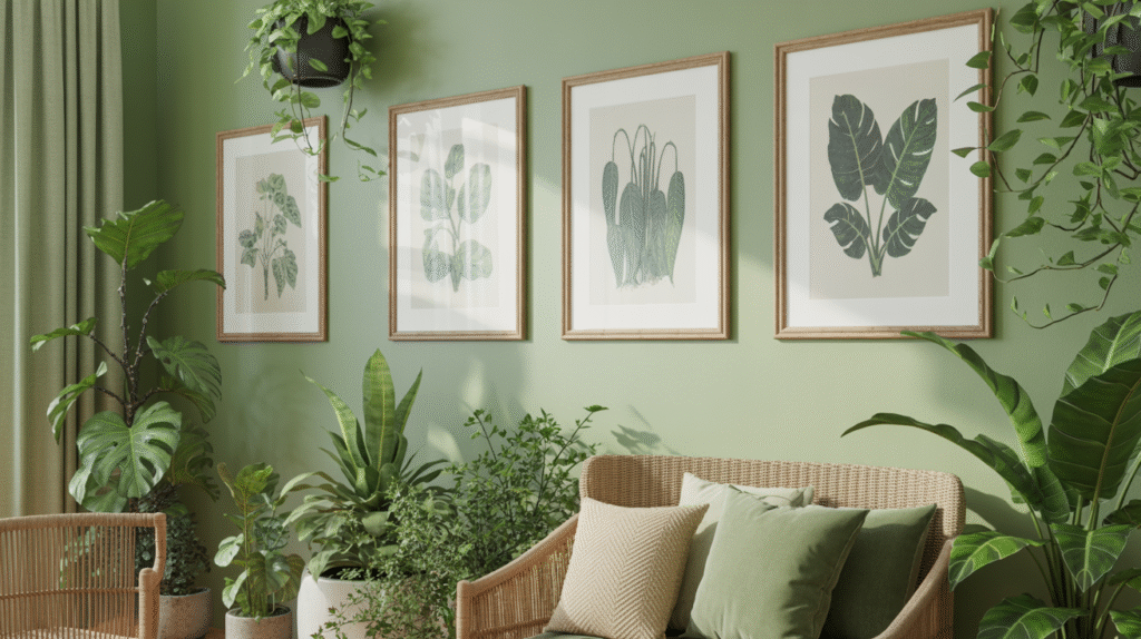 Leaf-Themed Wall Art over Mint-Green Walls for a Botanical Accent