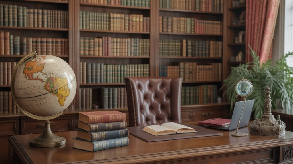 Vintage Globe and Bookshelves