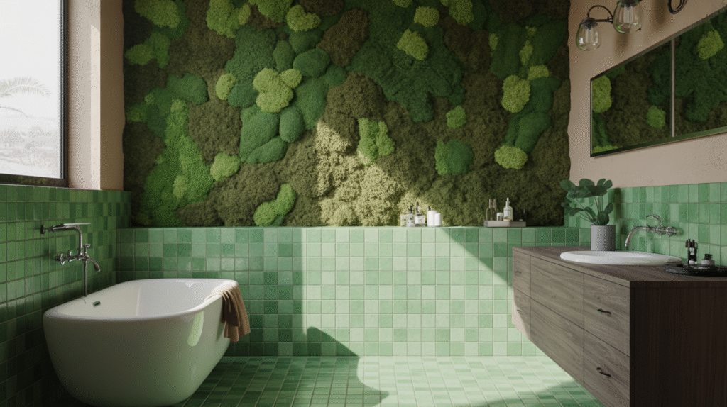 Moss-Wall Accent with Green Tiles for a Nature-Inspired Organic Retreat