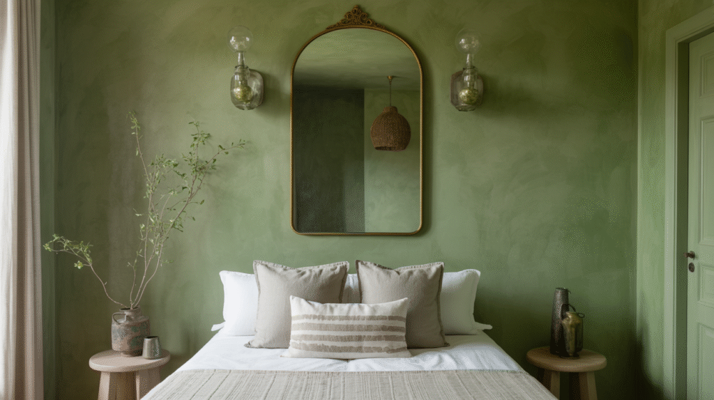 Lime-Wash Green Walls Adding Soft Texture and Organic Warmth