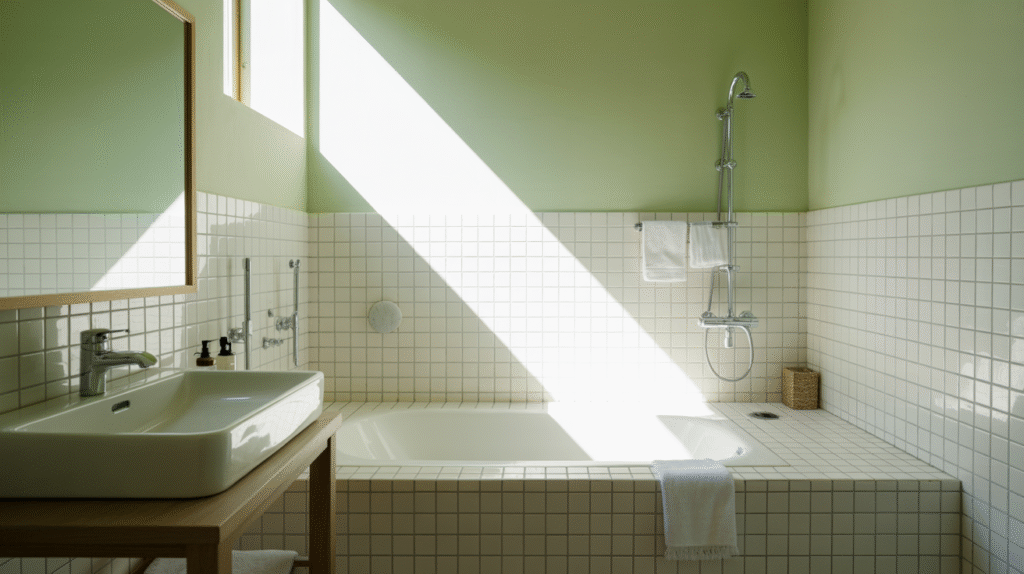 Light Green Walls Paired with Minimal Fixtures for a Fresh Spa Vibe