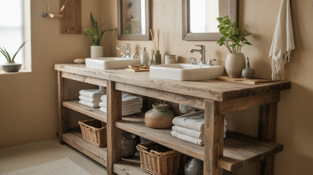 Weathered Wooden Vanities with Open Shelving